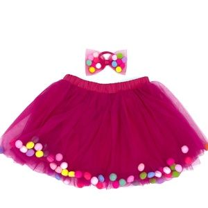 Fuchsia Tutu | Pom Pom Tutu & Bow Hair Tie | 2Pcs | Hot Pink Tutu For Girls 0-8Y